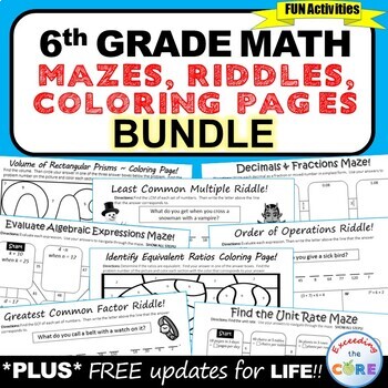 6th Grade Math Mazes, Riddles & Coloring Pages (Fun MATH A
