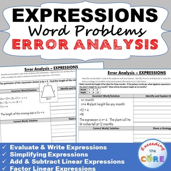 EXPRESSIONS Word Problems -  Error Analysis  (Find the Error)