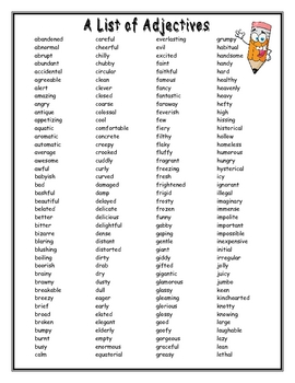 A List of Adjectives by Mrs. R. | Teachers Pay Teachers