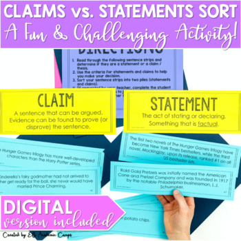 Claims vs. Statements Sort Activity for Middle School