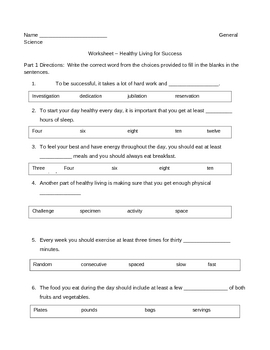 Cloze worksheet - Healthy Living (5 - 9) by Educator Super ...
