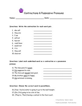 Contractions & Possessive Pronouns worksheet by Apples to Apples