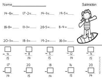 Freebie Summer Subtraction from 20 by Primary World | Teachers Pay Teachers