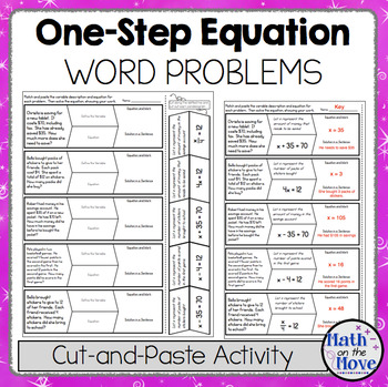 One Step Equation Word Problems Cut And Paste Activity By Math On The Move
