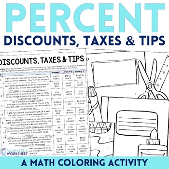 Percent Discount, Taxes and Tips Coloring Worksheet